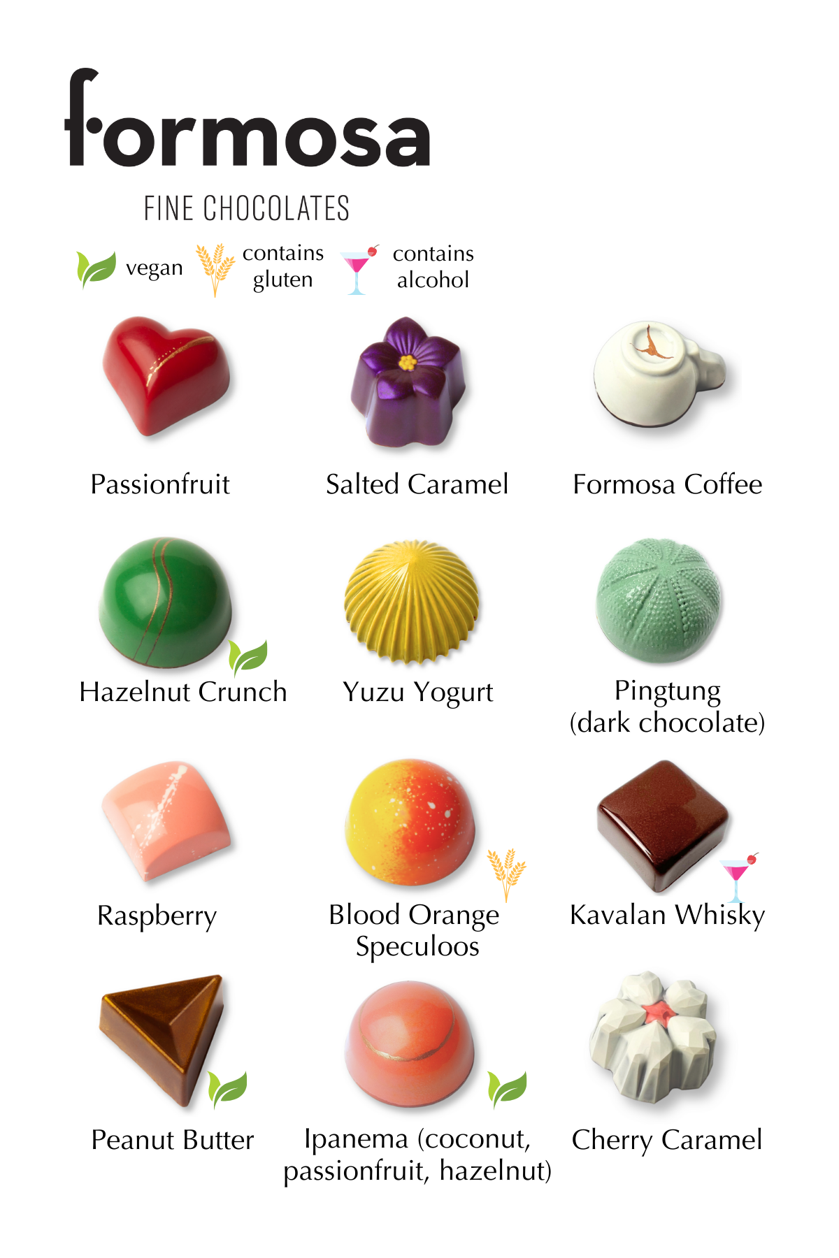 An image of the current Formosa chocolates bonbon menu.