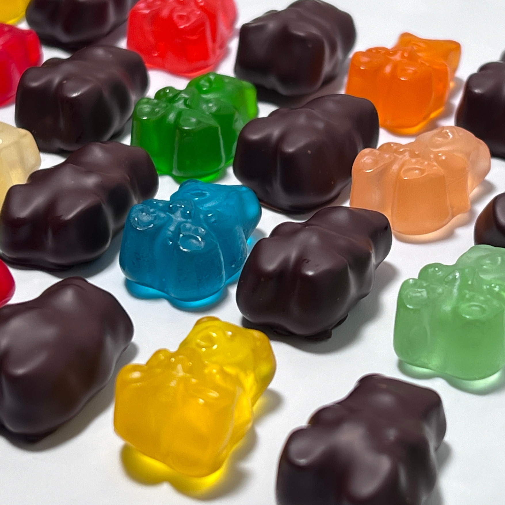 A variety of colorful and chocolate-covered Formosa brand gummy bears arranged in a neat pattern with the bears all face up and pointing in the same directions displayed on a white surface.