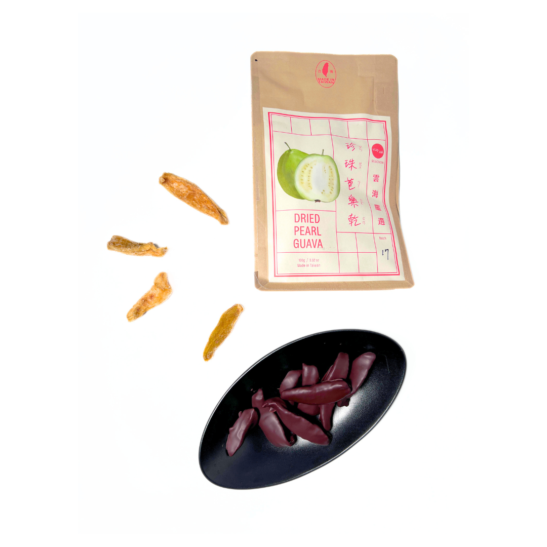 A collection of three images, one being the packaged dried Taiwanese pearl guava in dark chocolate by Formosa, four dried pearl guava with no chocolate covering and a black decorative oval shaped bowl with chocolate covered pearl guava inside on a white background.