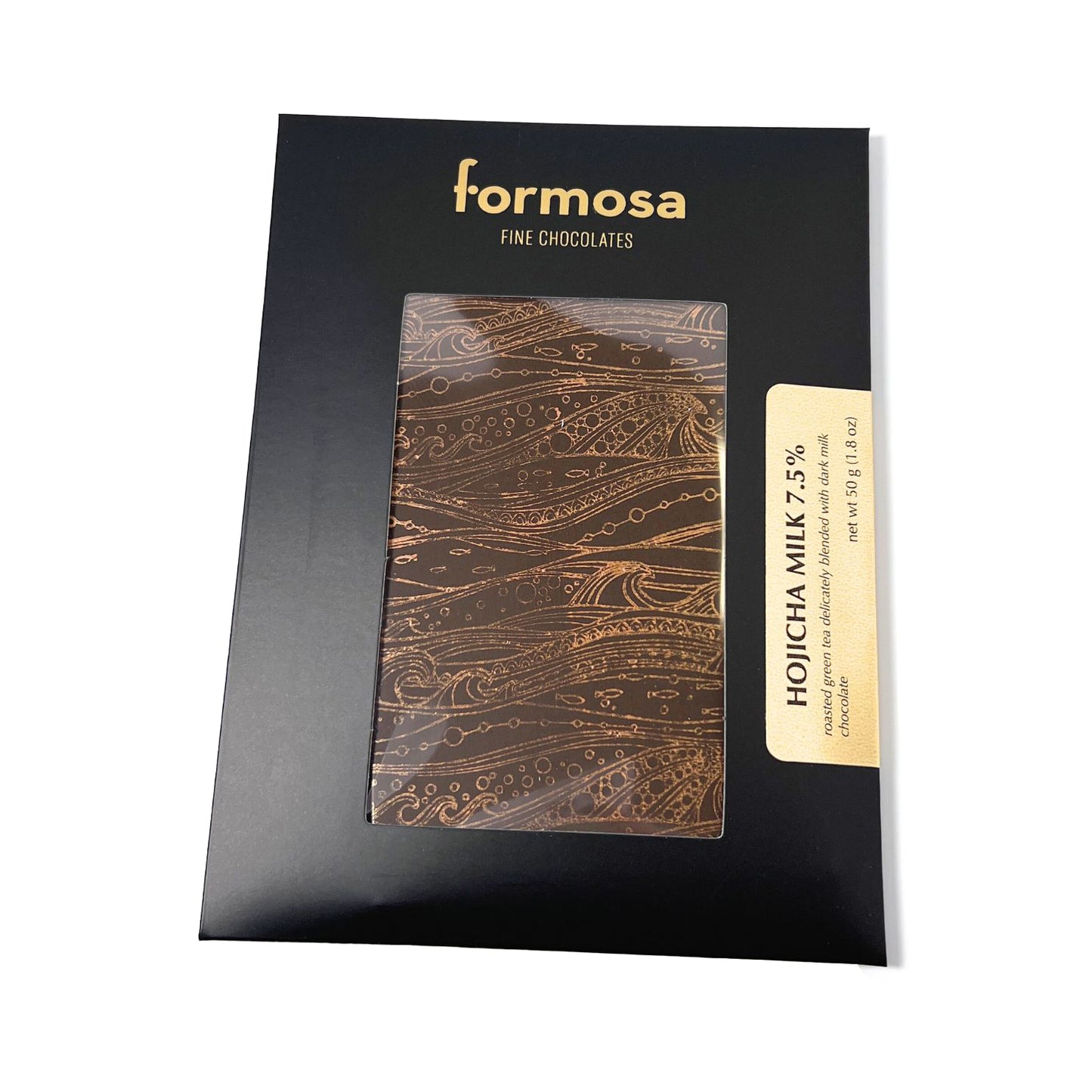 Image of Formosa Hojicha Milk bar, a rectangular chocolate bar with a decorative ocean motif pattern on its surface in black packaging with gold font displaying the Formosa logo set on a white background.