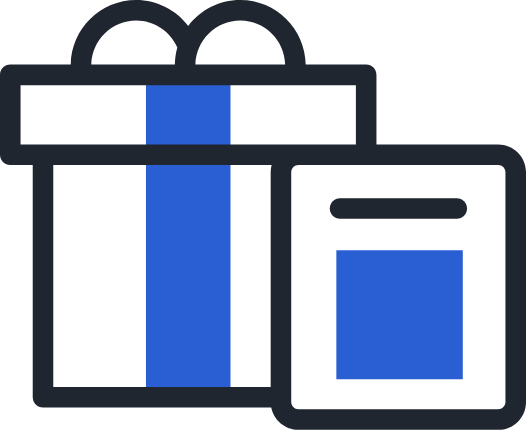 Simple depiction of white gift boxes with blue ribbons.