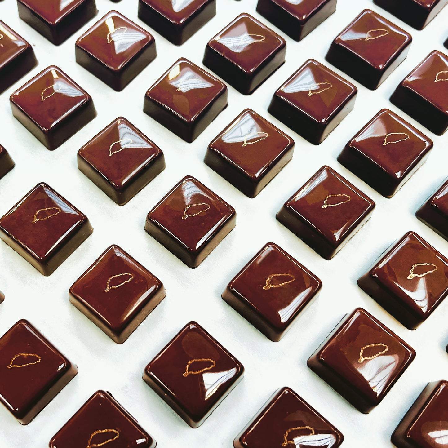 Custom chocolate Formosa brand bonbons with brown color and a specific gold accented leaf design imprinted on them, presented on a white surface.