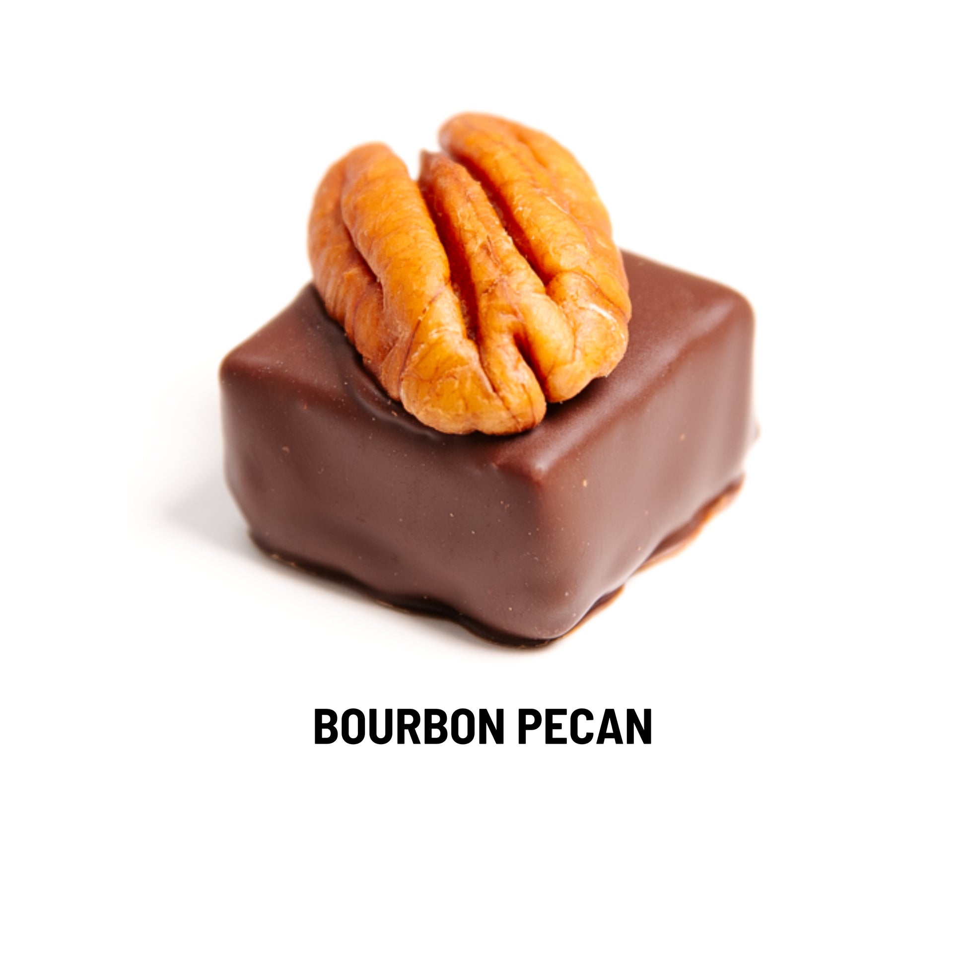 Chocolate candy with a pecan on top labeled 'Bourbon Pecan' on a white background