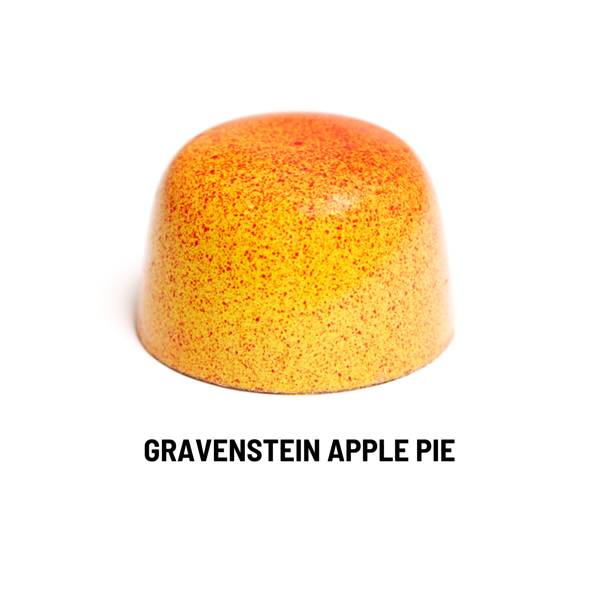 Orange speckled candy with 'Gravenstein Apple Pie' text on a white background