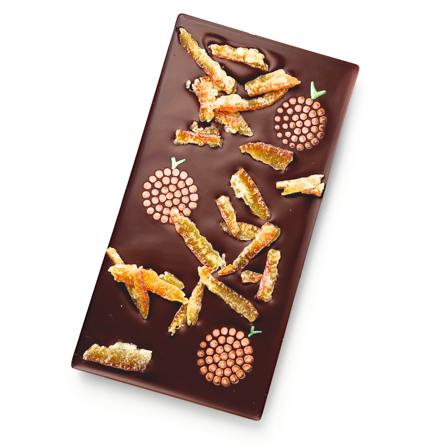 Chocolate bar with candied fruit pieces on a white background
