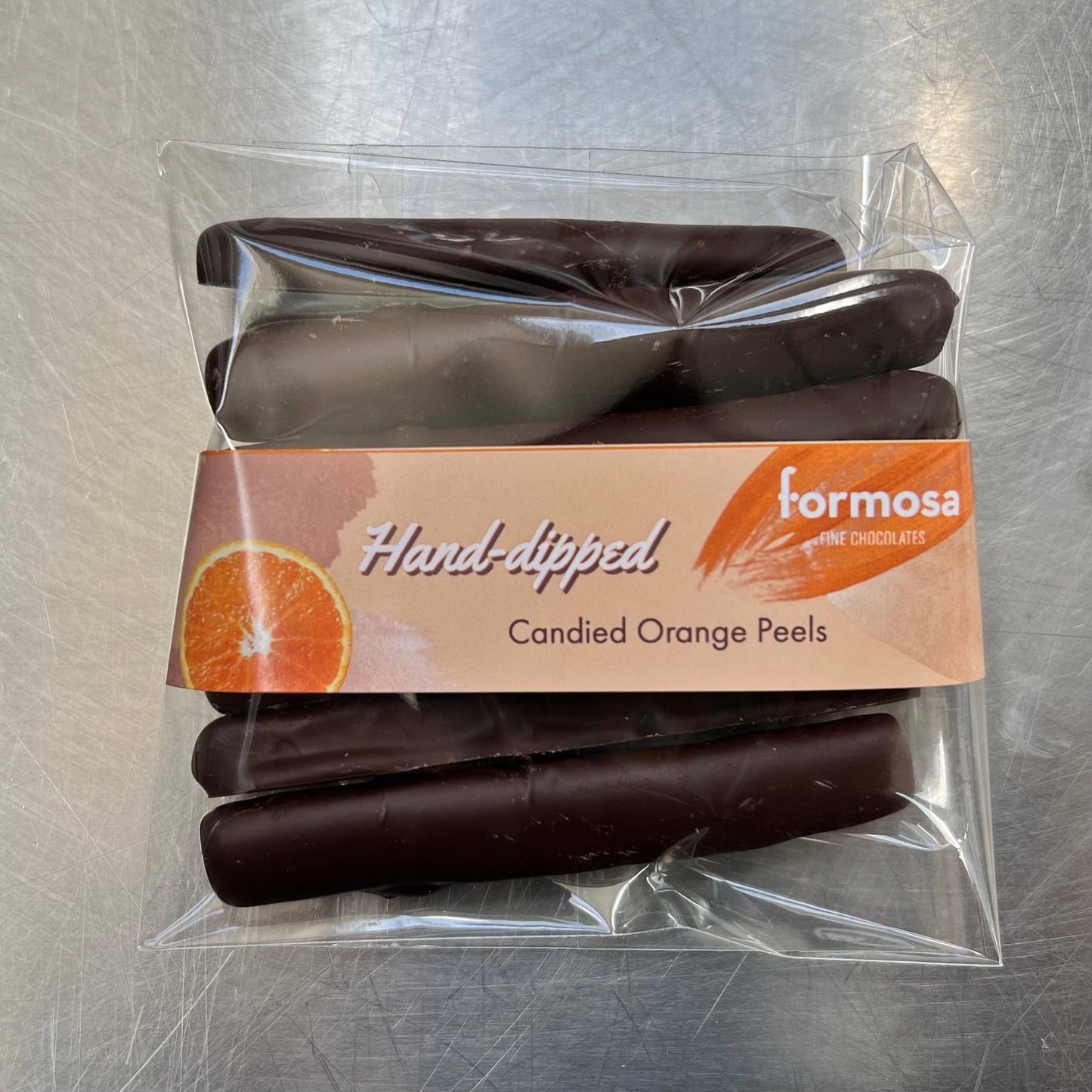 Chocolate-dipped candied orange peels
